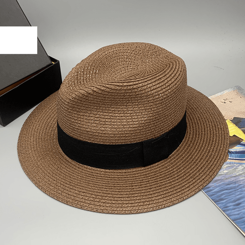 Fashionable windproof rope beach travel sunshade sunblock straw top hat Velcro sweat with flat top hat