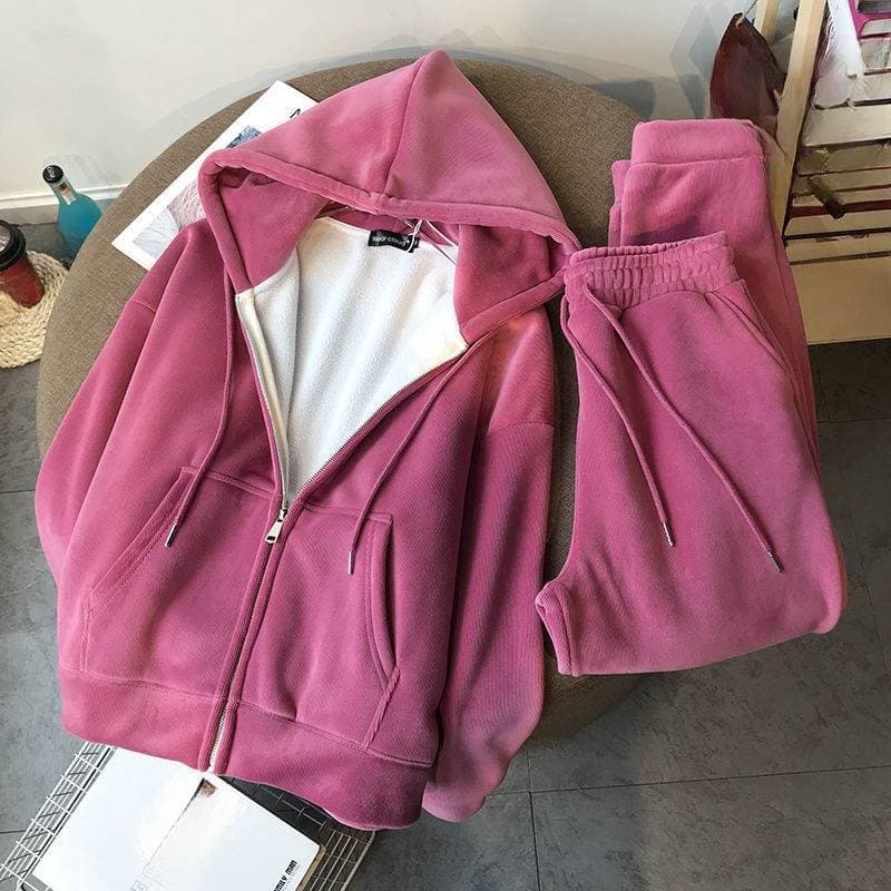 Women's Clothing new velvet thickened zipper sweater leisure two piece suit