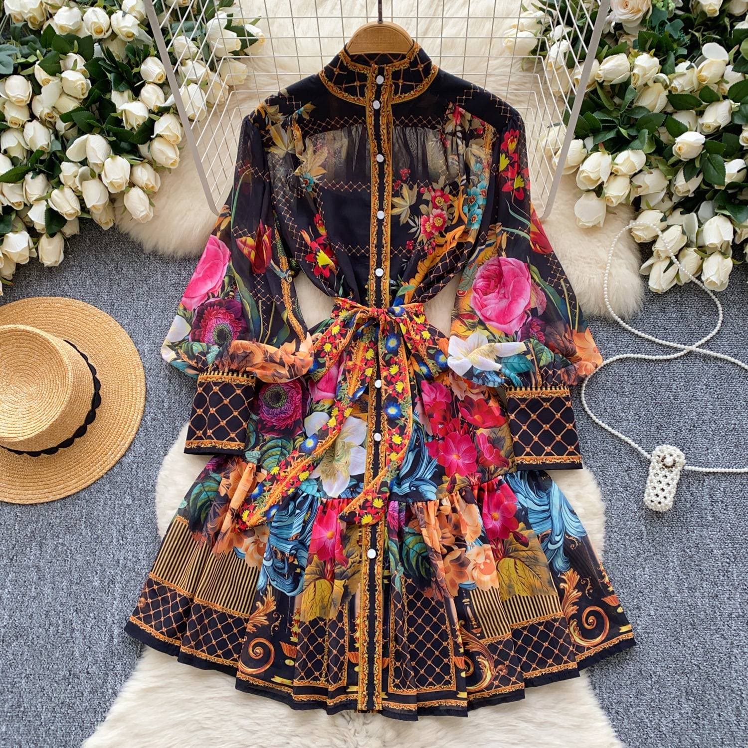 Women's Clothing Stand Up Collar Single Breasted Waist Sleeves Printed Pleated Ruffled Slim Chiffon Dress