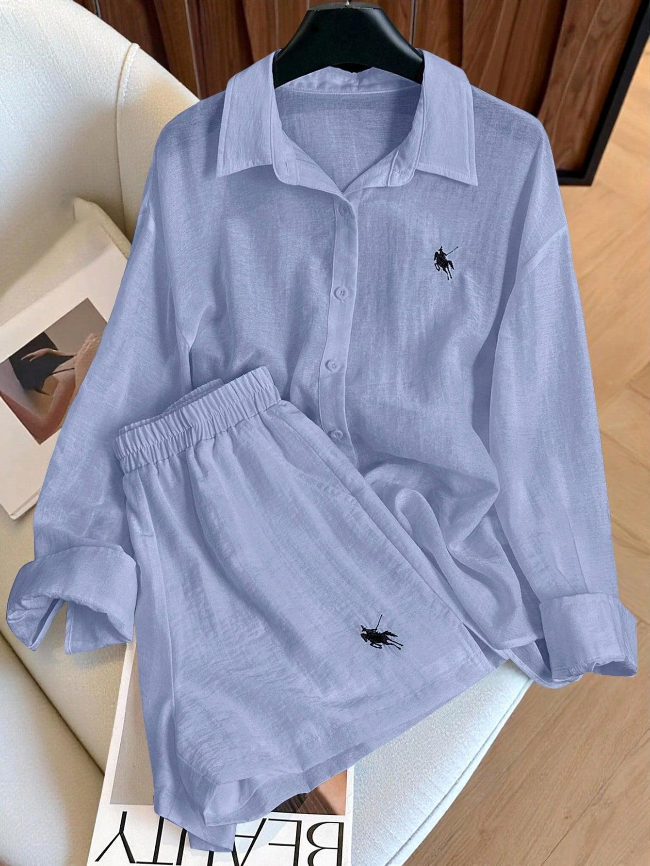 Women's Embroidered Logo Shirt & Shorts Set - Loose Fit Long Sleeve Resort Wear-11