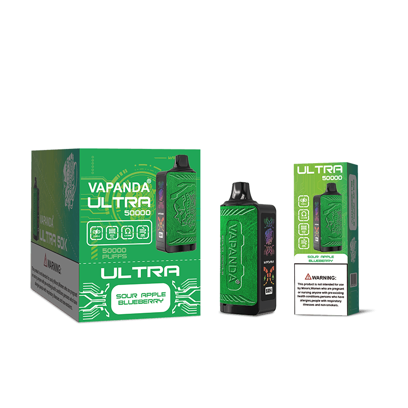 Vapanda Ultra 50k Vape, cigarette électronique jetable de luxe avec écran latéral et cuir, très tendance.