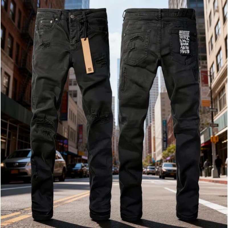Men Women Y2K Stacked Flared Jeans, Matte Black With Minor Rips & Checkerboard Patch, Breathable & Lightweight For Summer Outings