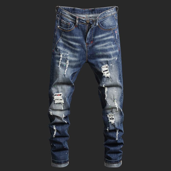Men's Slim Tapered Jeans – Distressed Blue Denim Pants With Artistic Washes, Hand-Painted Details & Micro-Stretch (28-38, Mid-Rise Straight Fit)