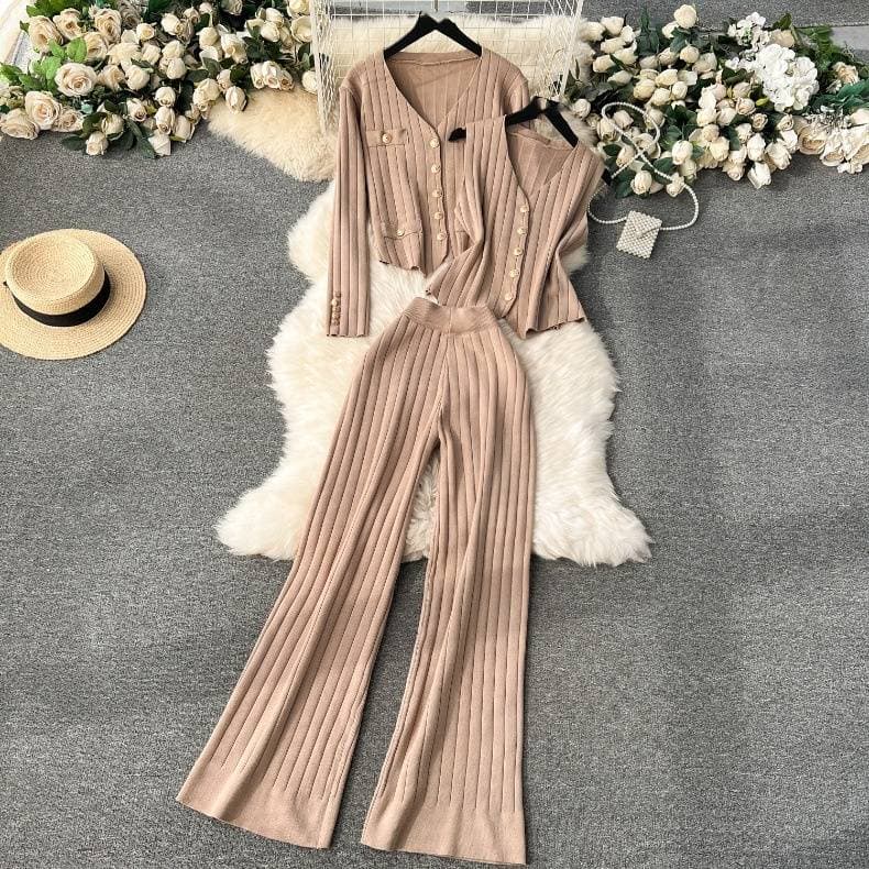 Women's Clothing High End Suit Spring Women's Metal Buckle Vest Versatile Knitted Cardigan Wide Leg Pants Fashion Three Piece Set