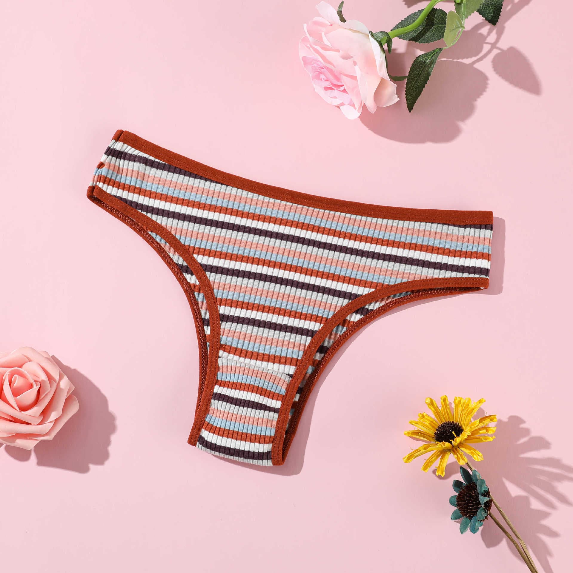 2025d New Cotton Colorful Ribbed Women's Triangle Mid-Low Waist Tummy Control Breathable Double Layer Brazilian Panties