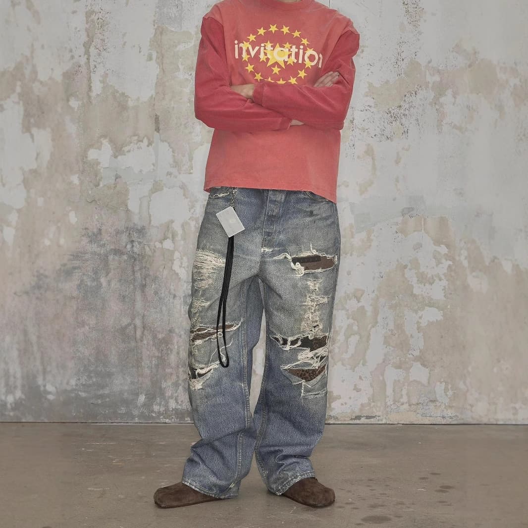 Men's Distressed Straight Leg Jeans 3D Digital Print Ripped And Wrinkled Blue Dirty Street Style American Fit Casual Pants