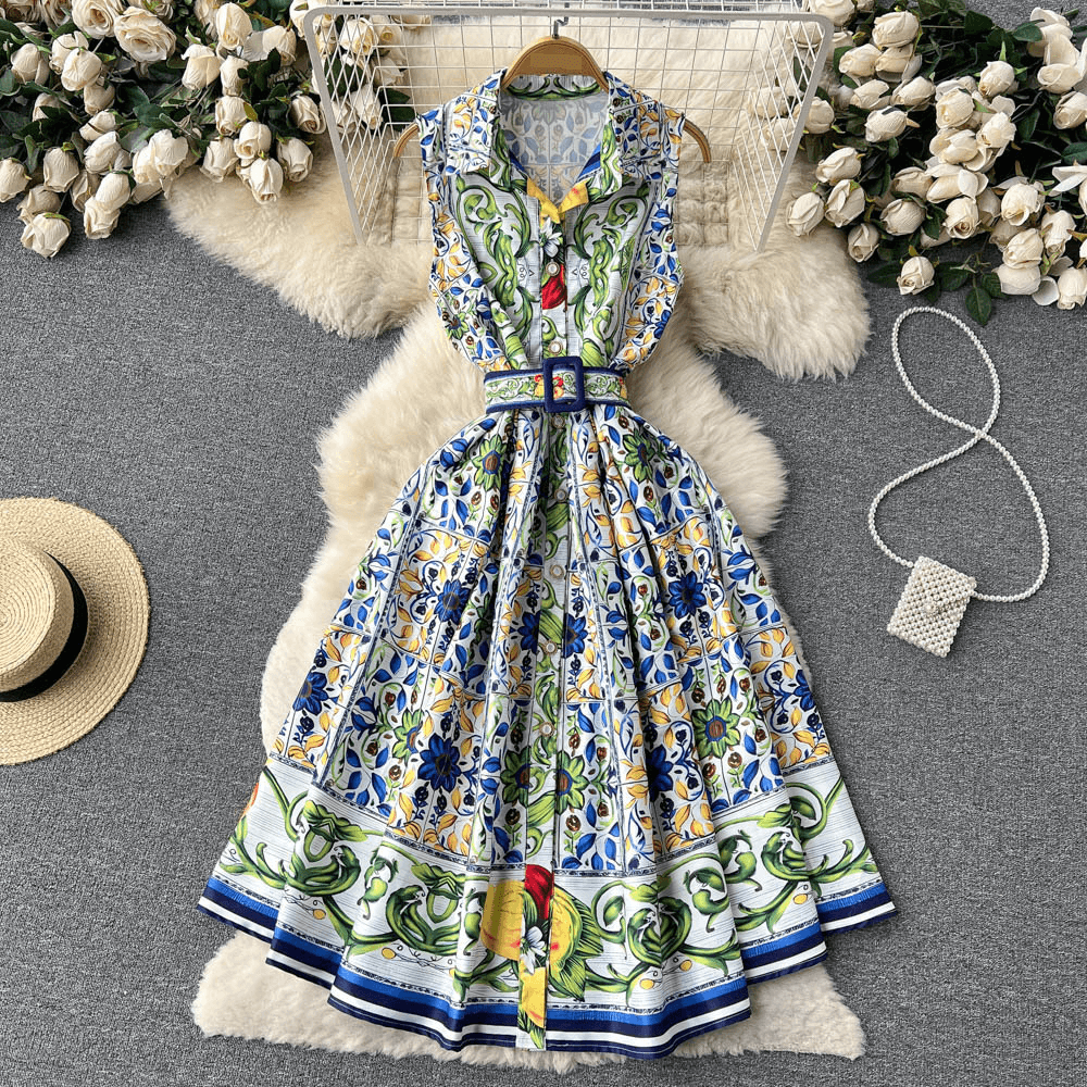 Spring And Summer New Style Palace Style Sleeveless Lapel Waist Slimming European And American Printed Mid-length Dress Sub-trendy