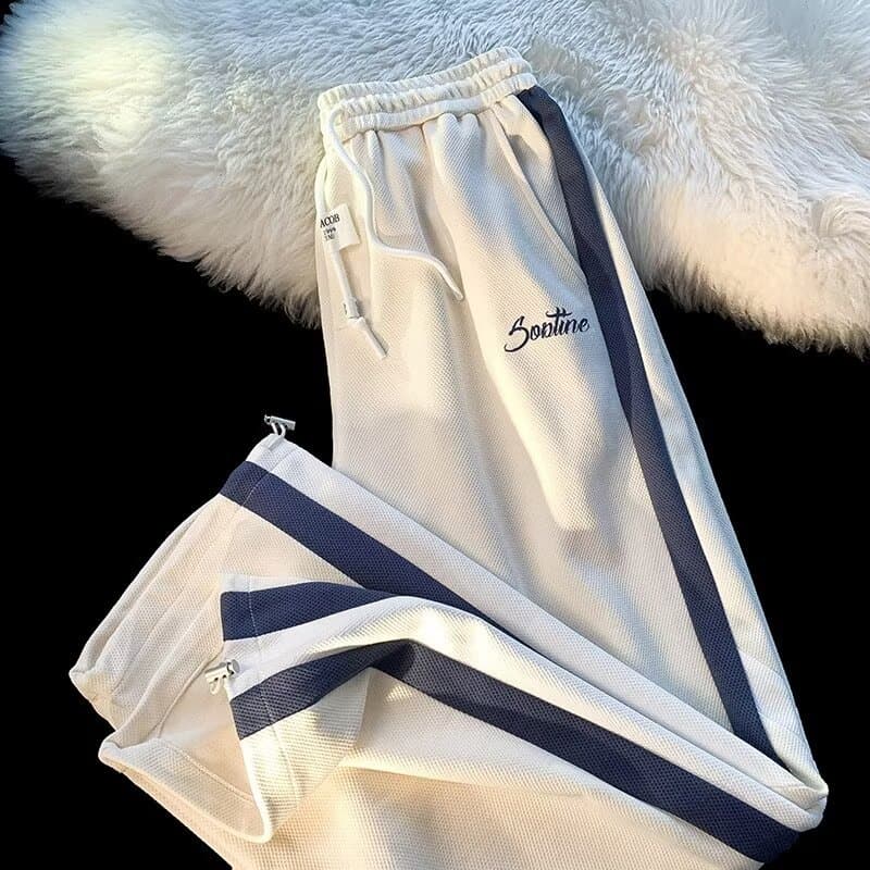 Men's Side Stripe Sweatpants - Loose Fit Straight Leg Joggers For Casual & Sporty Look (Black/White/Gray) - Spring & Autumn Fashion