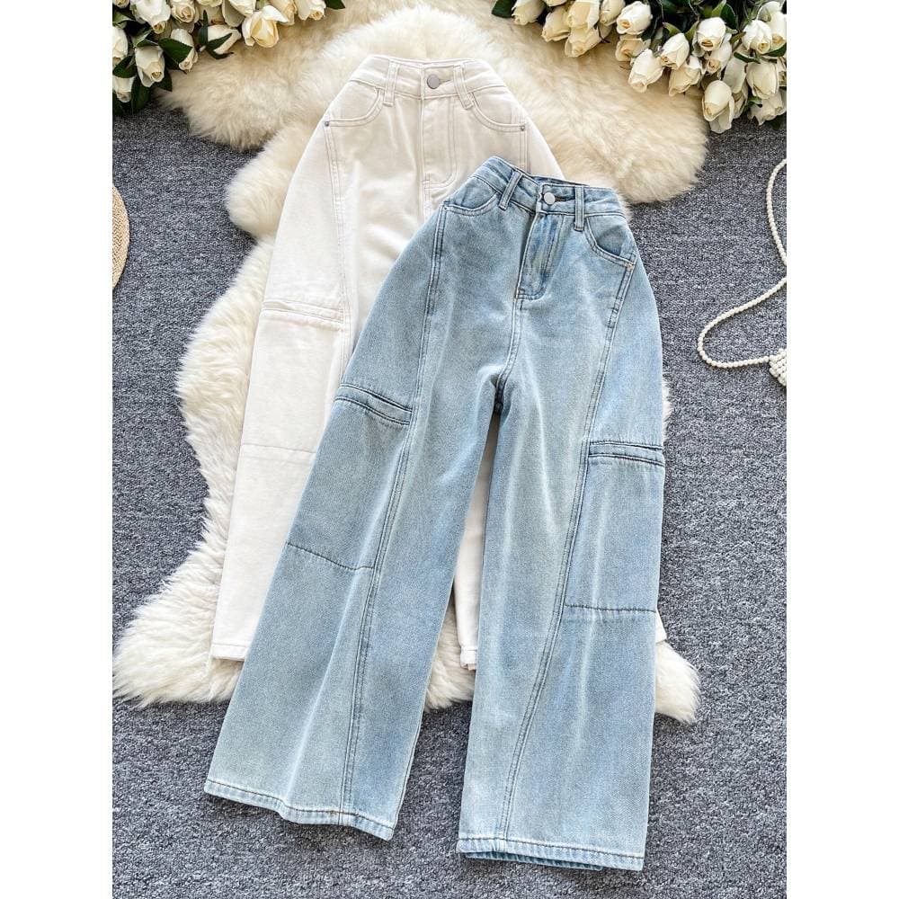 Women's Clothing Vintage Chic High-Waisted Light Wash Jeans For Women - Loose Wide-Leg Cropped Flare Pants With Retro Denim Stitching​