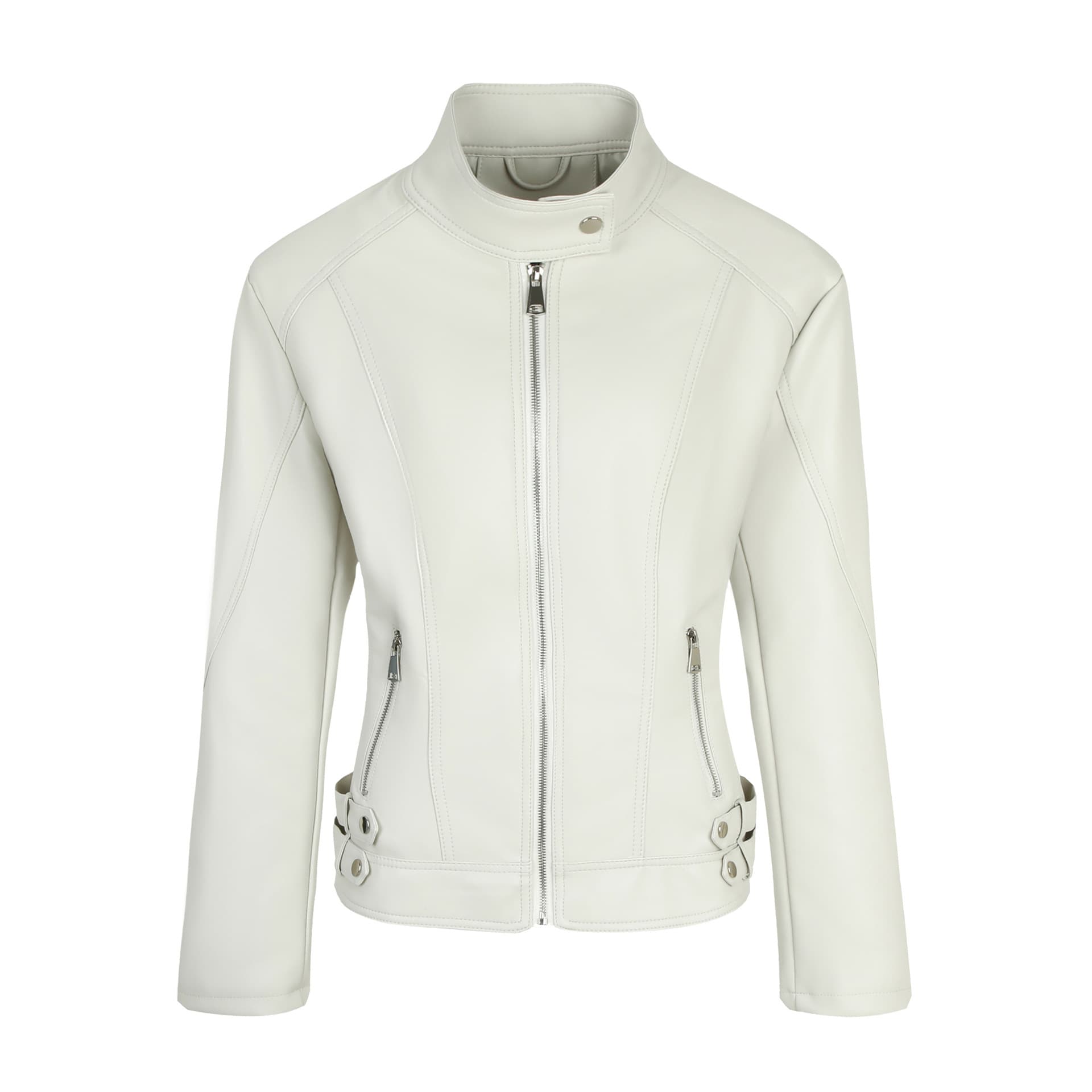 Women's Faux Leather Biker Jacket With Multiple Zippers - Slim Fit Stand Collar Coat For Street Fashion (Beige, Burgundy, Black)
