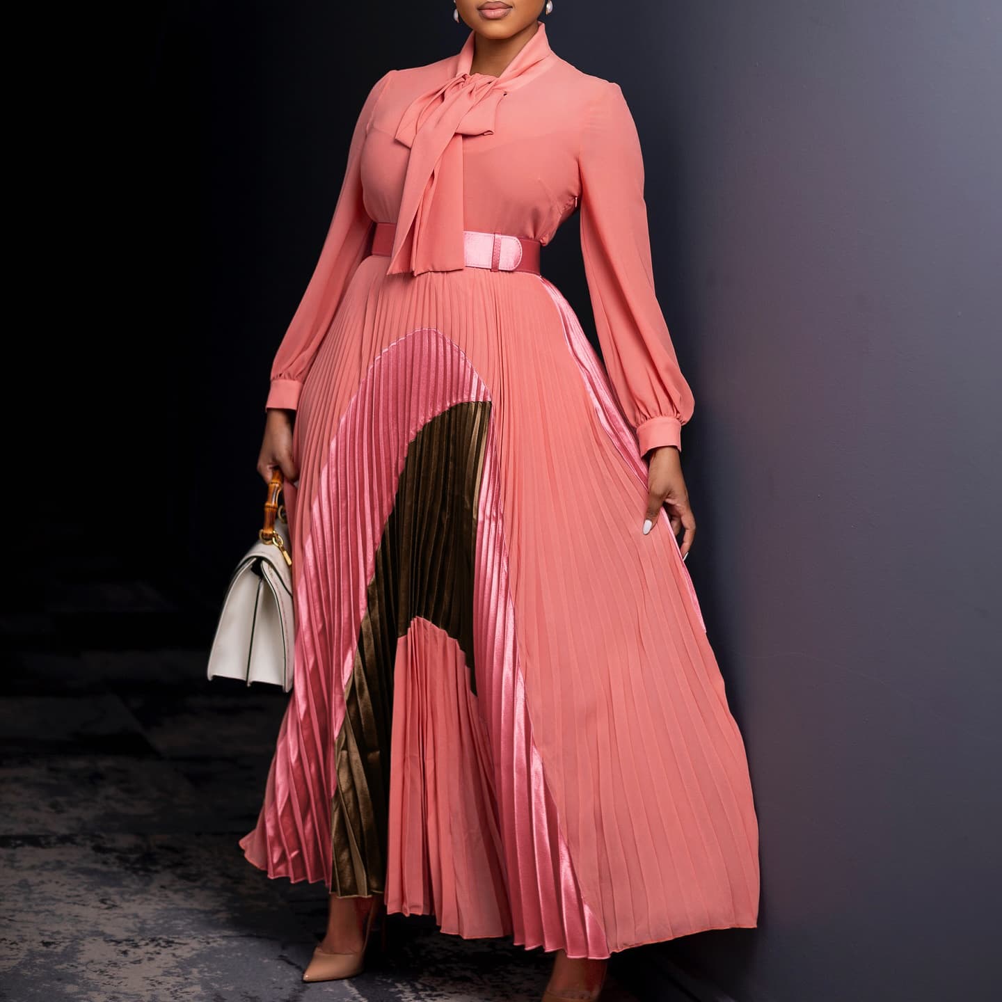 Women's Clothing Plus Size Autumn Lace Up Pleated Long Sleeved Color Matching Temperament Elegant Dress