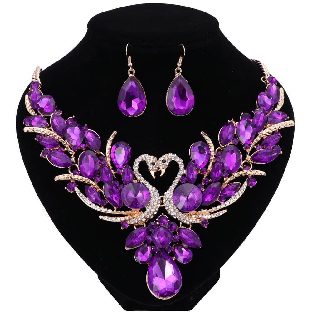 Wedding Bridal Accessories Jewelry Sets For Women Crystal Double Swan Statement Necklace Earrings Set