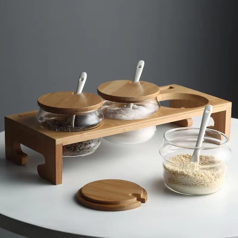 Glass Spice Jar Set Kitchen Seasoning Containers With Wooden Stand Salt Sugar Shakers Airtight Lids Easy Pour Design Minimalist Pantry Organization