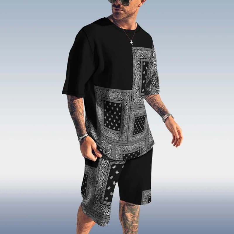 Men's Clothing trendy casual beach style textured digital printed short-sleeved shorts suit