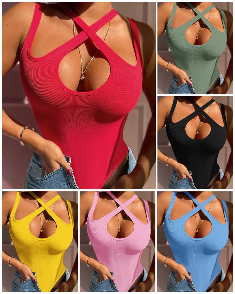Women's Clothing red sexy cross halter neck design tight jumpsuit