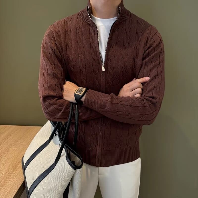 Men's Half-Zip Mock Neck Knit Cardigan – Jacquard Textured "Old Money" Pullover (Wrinkle-Resistant, Breathable Poly-Cotton Blend​)