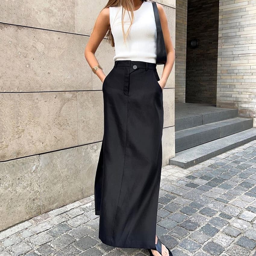 Black cotton silk long skirt women's clothing slit high waist temperament commuting drape skirt