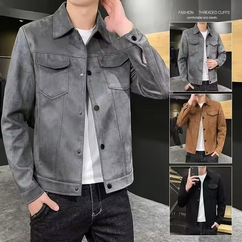 "Men's Suede-Like Bomber Jacket With Stand Collar, Classic Solid Color Outerwear For Spring & Fall, Trendy Oversized Casual Coat With Zipper Pockets"