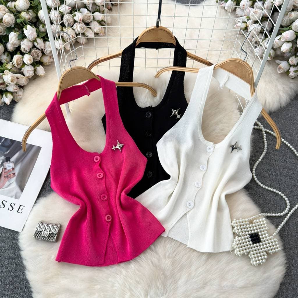 Women's Clothing Fashion Design Halter Neck Backless Single Breasted Slim Fit Knitted Vest For Women To Wear Base Shirt