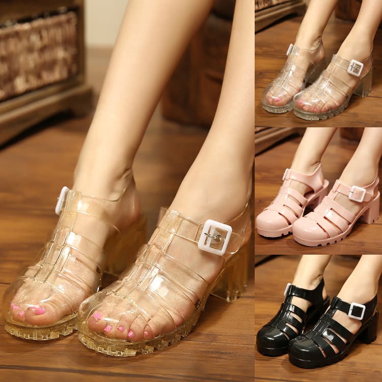 Korean Version Of Sandals For Women's Summer Plastic High Heels, Anti Slip And Waterproof Rain Transparent Crystal Jelly