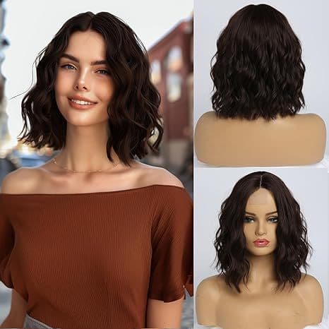 Wig Ladies Front Lace Chemical Fiber Headpiece Brown Middle Parted Short Curly Water Ripple Small Lace Wig