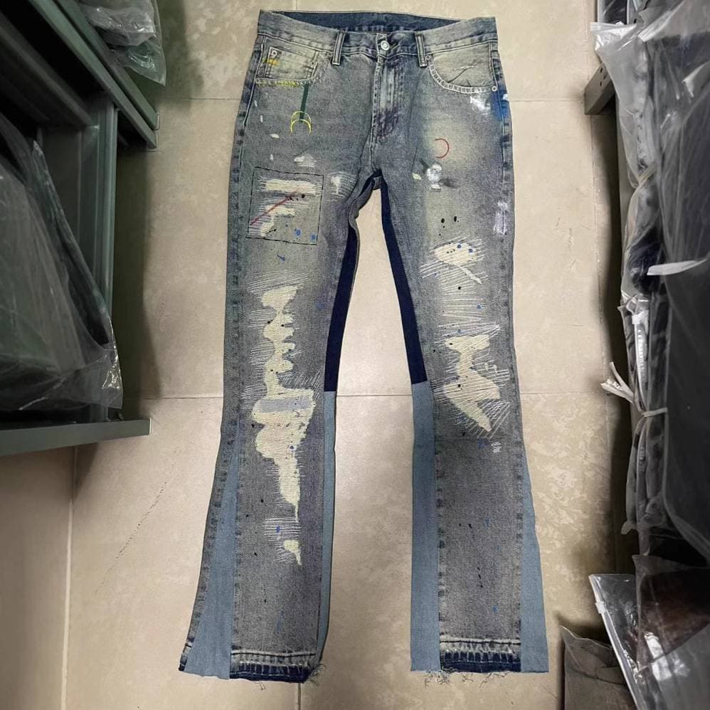 Men's Clothing Washed Old Damaged Holes Cat Whisker Embroidery Print Ink Splash Micro Flared Wide Leg Jeans Jeans