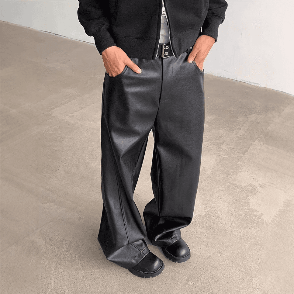 Men's Retro PU Leather Pants - Loose Fit Straight Leg Wide Trousers With High-End Vibe & Matte Finish