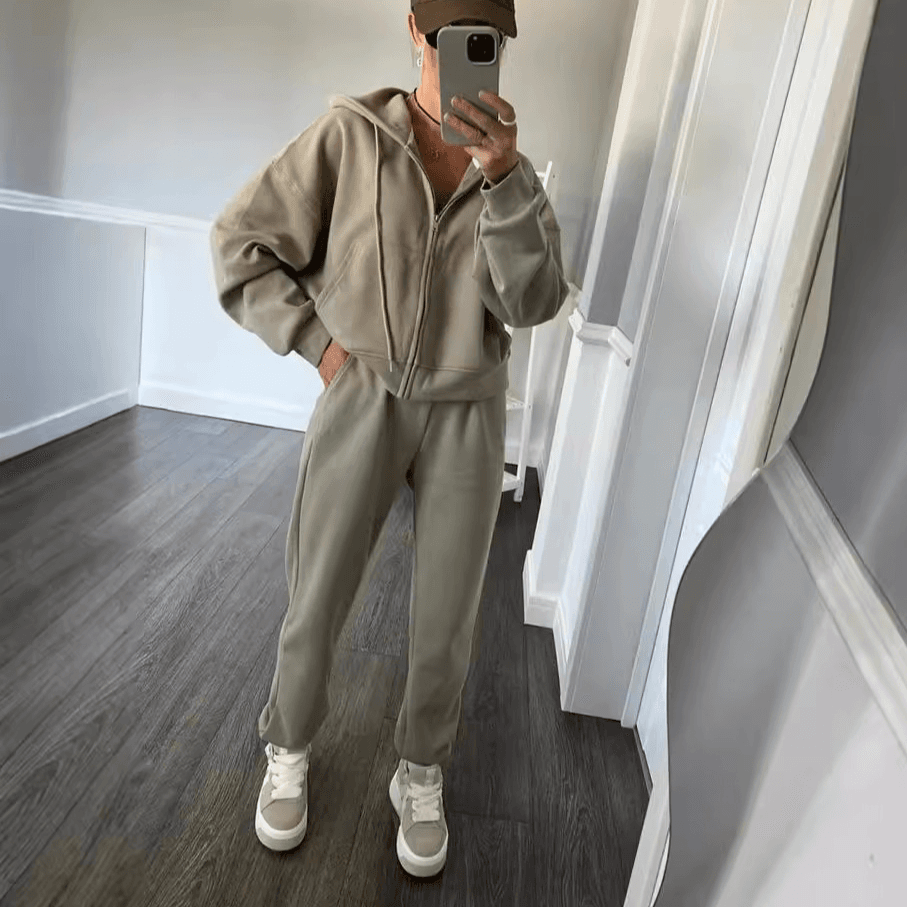 Women's Clothing Solid Color Long Sleeved Zipper Hoodie Elastic Lace Up Pants Two Piece Set