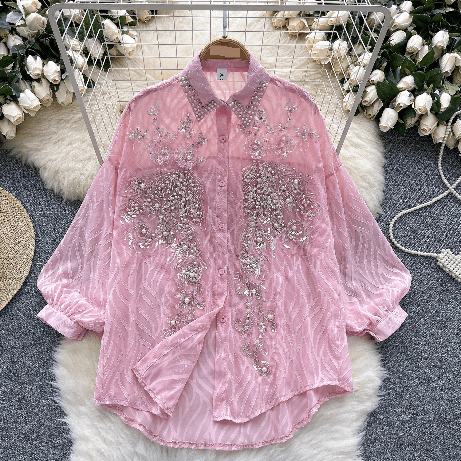 Women's Clothing Versatile Long Sleeved Shirt Female Celebrity High End Beaded Sequined Thin Lantern Sleeve Shirt Loose Casual Top