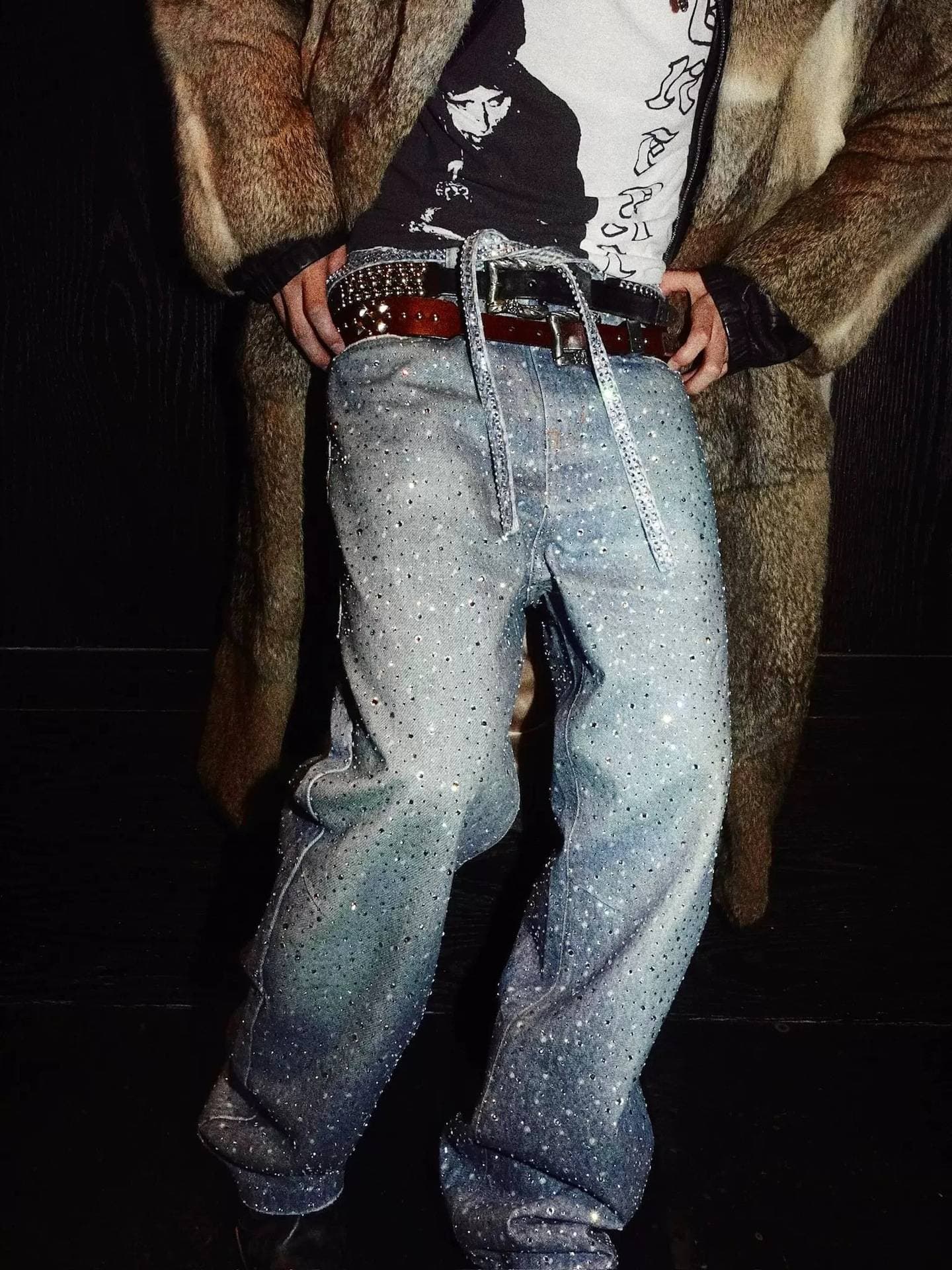 Men's Clothing High Street Washed Loose Wide-leg Full Diamond Patch Jeans Jeans Come With A Full Diamond Belt