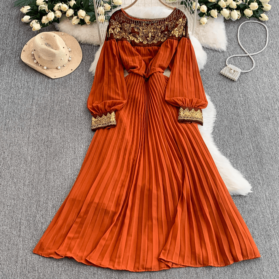 Women's Clothing High Quality! Elegant Lady Heavy Work Show Pearl Sequin Round Neck Dress Dress Female Waist Slim Pleated Long Skirt