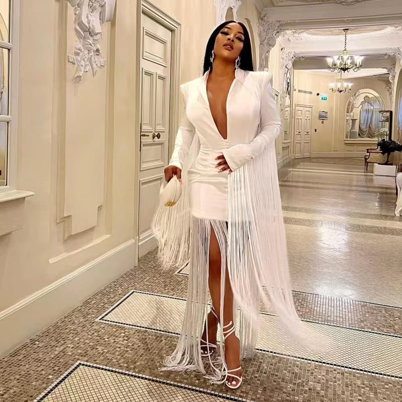 Women's Clothing Deep V Sexy Waist Tight Long-Sleeved Fringed Dress