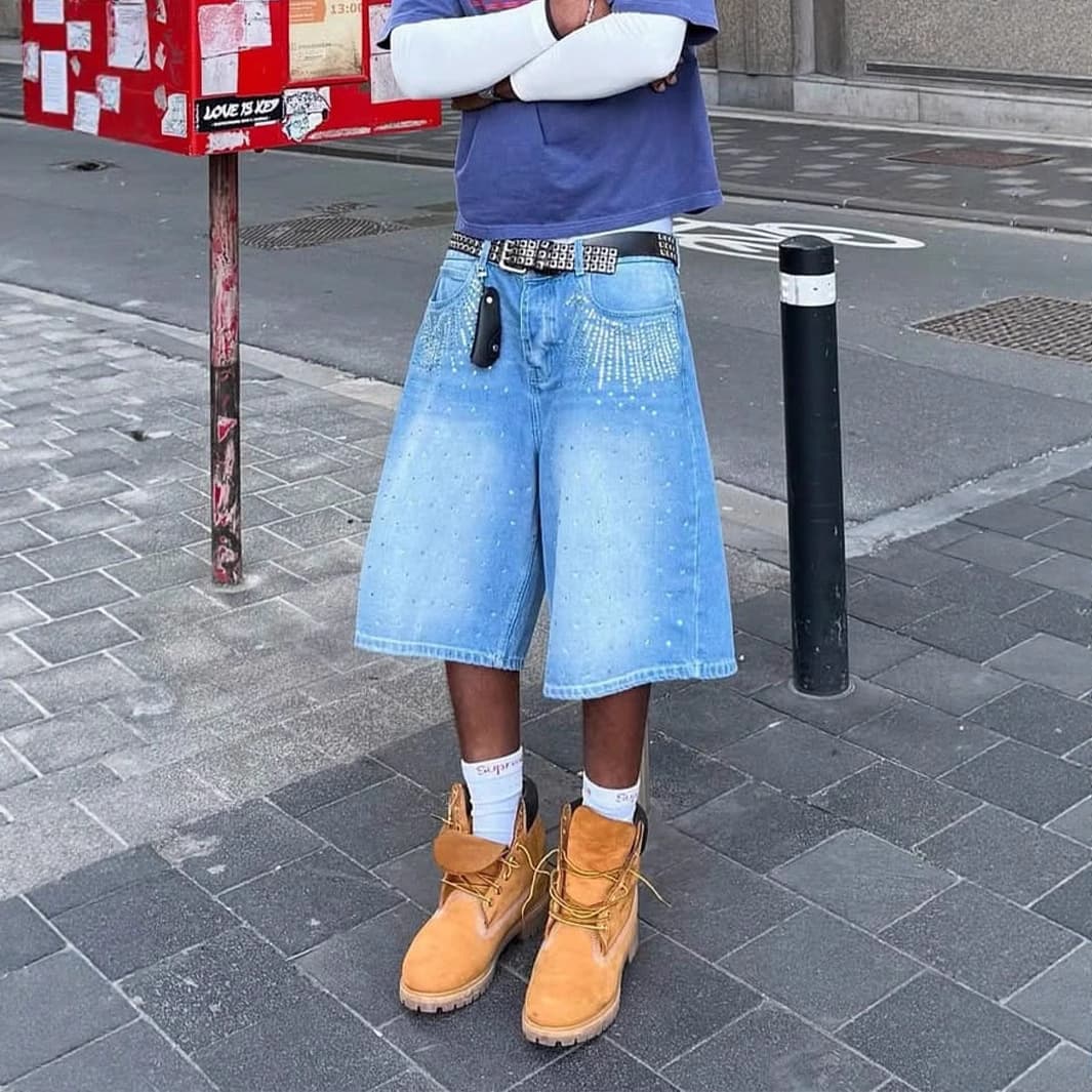 Men's Clothing Large Size Washed Hot Diamond Design Jeans Street Loose Slim Wide Leg Drop Feeling Mid Length Pants