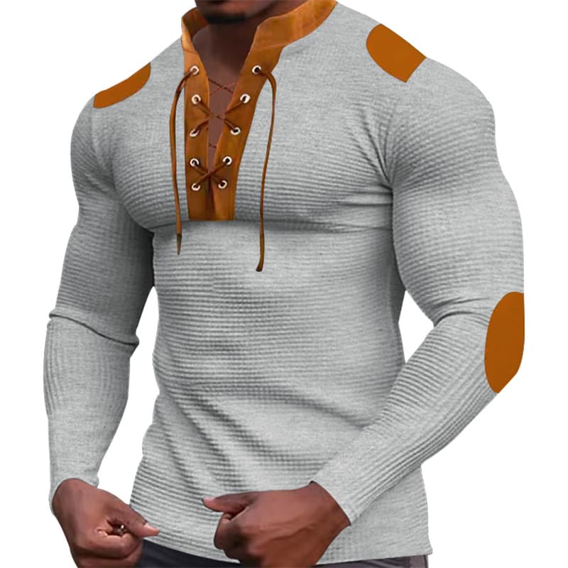 Unbeatable Quality Autumn New Men's Waffle Color Blocked V-neck Top With Tie, Casual Long Sleeved Base T-shirt