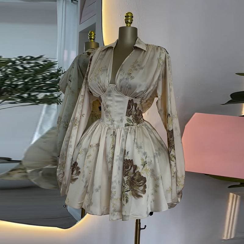 Women's Clothing Spring Elegant Printed V Neck Lantern Sleeve High Waist Dress Short Skirt