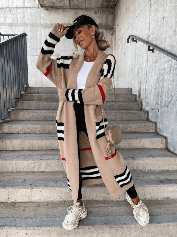 Women's Long Cardigan Striped Knit Cardigan Sweater