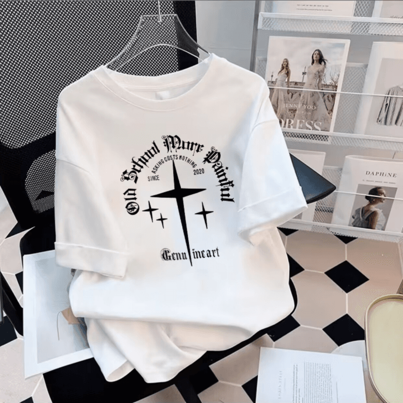 【DORAE】Unisex Oversized T-shirt (100% Cotton) Off-White ("Gothic Cross & Circular Text" Print & Dark Y2K Casual Design)