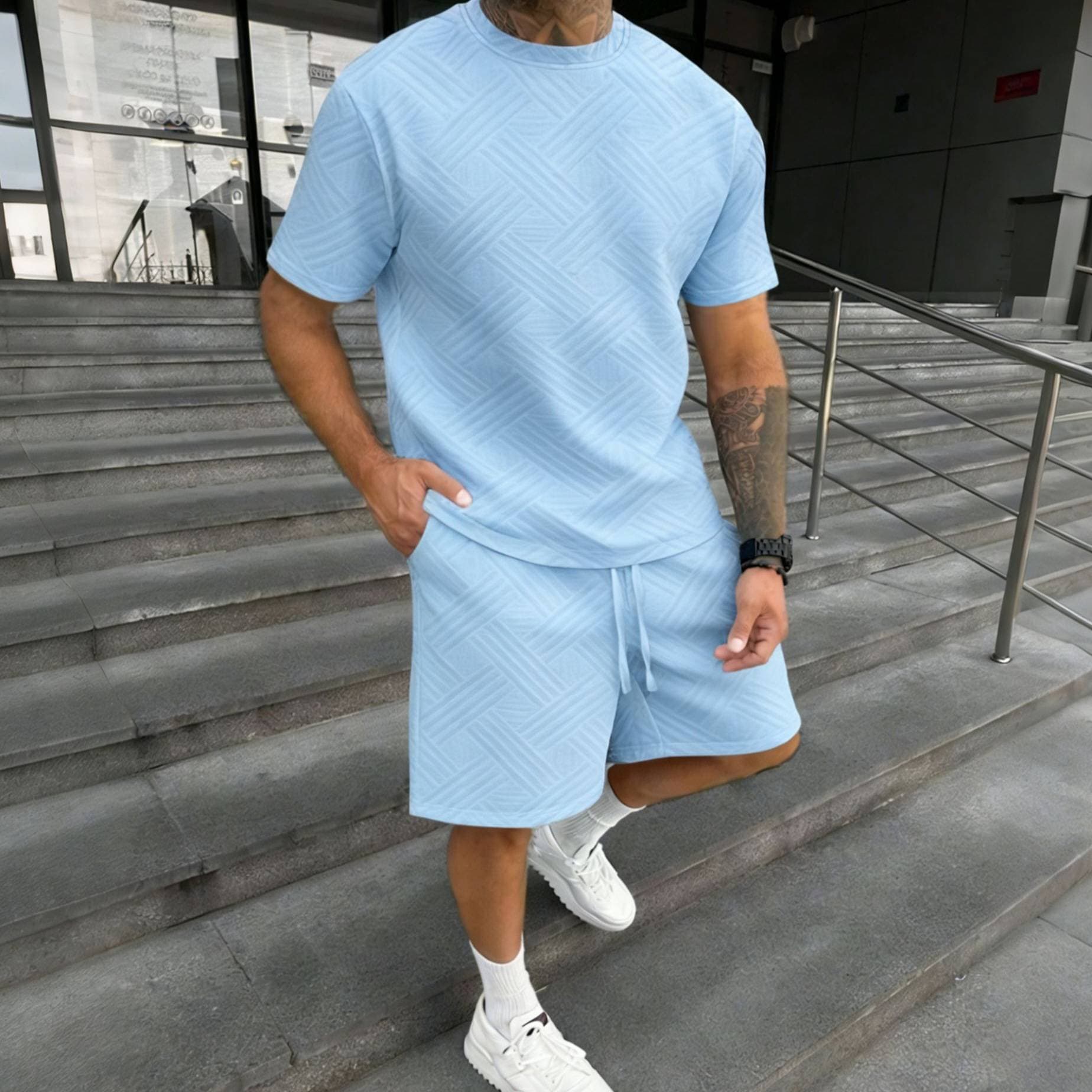 Men's Clothing Summer New Casual Suit Men's Short Sleeved Shorts Suit Solid Color Textured T Shirt Shorts Suit