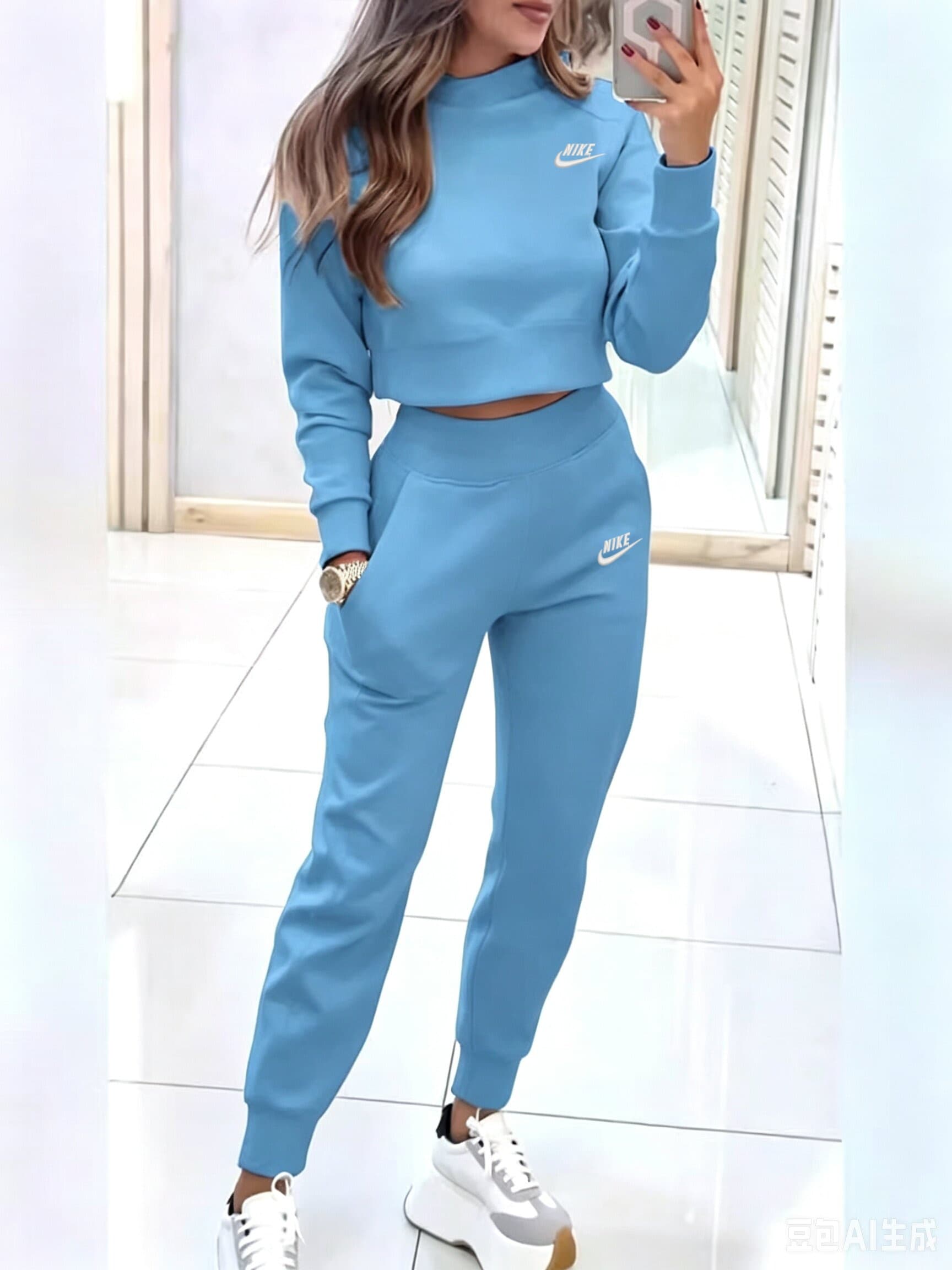 Ensemble deux pièces pour femme : sweat-shirt court à manches longues, pantalon de jogging taille haute avec poches et survêtement.