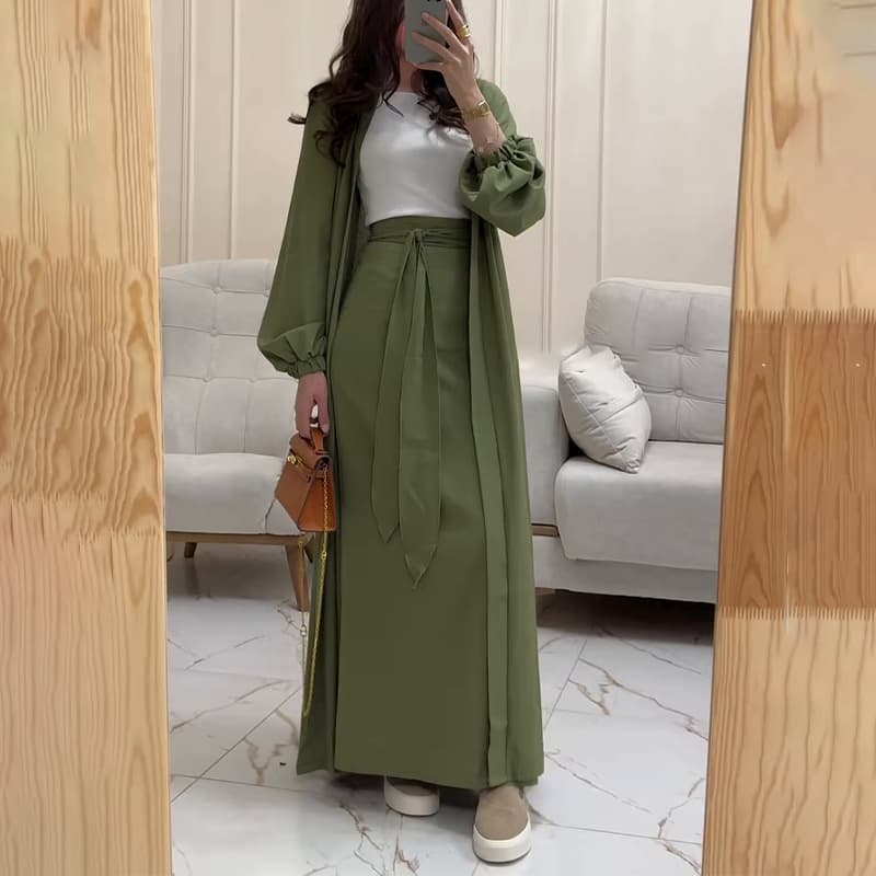 ​​Luxury Satin Puff Sleeve Cardigan & Skirt Set – Elegant Two-Piece Robe With Adjustable Straps (Olive Green, XS-XXL)​​