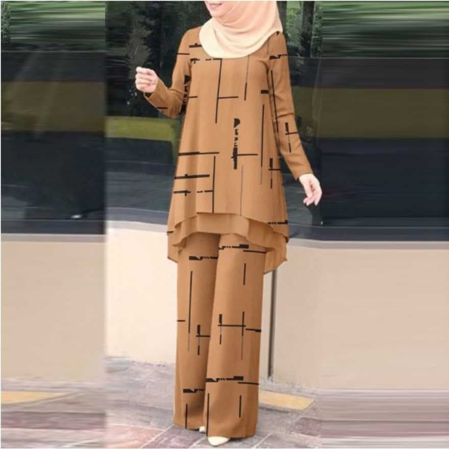 Muslim Daily Double-layer Vertical Stripe Printed Chiffon Elastic Waist Suit