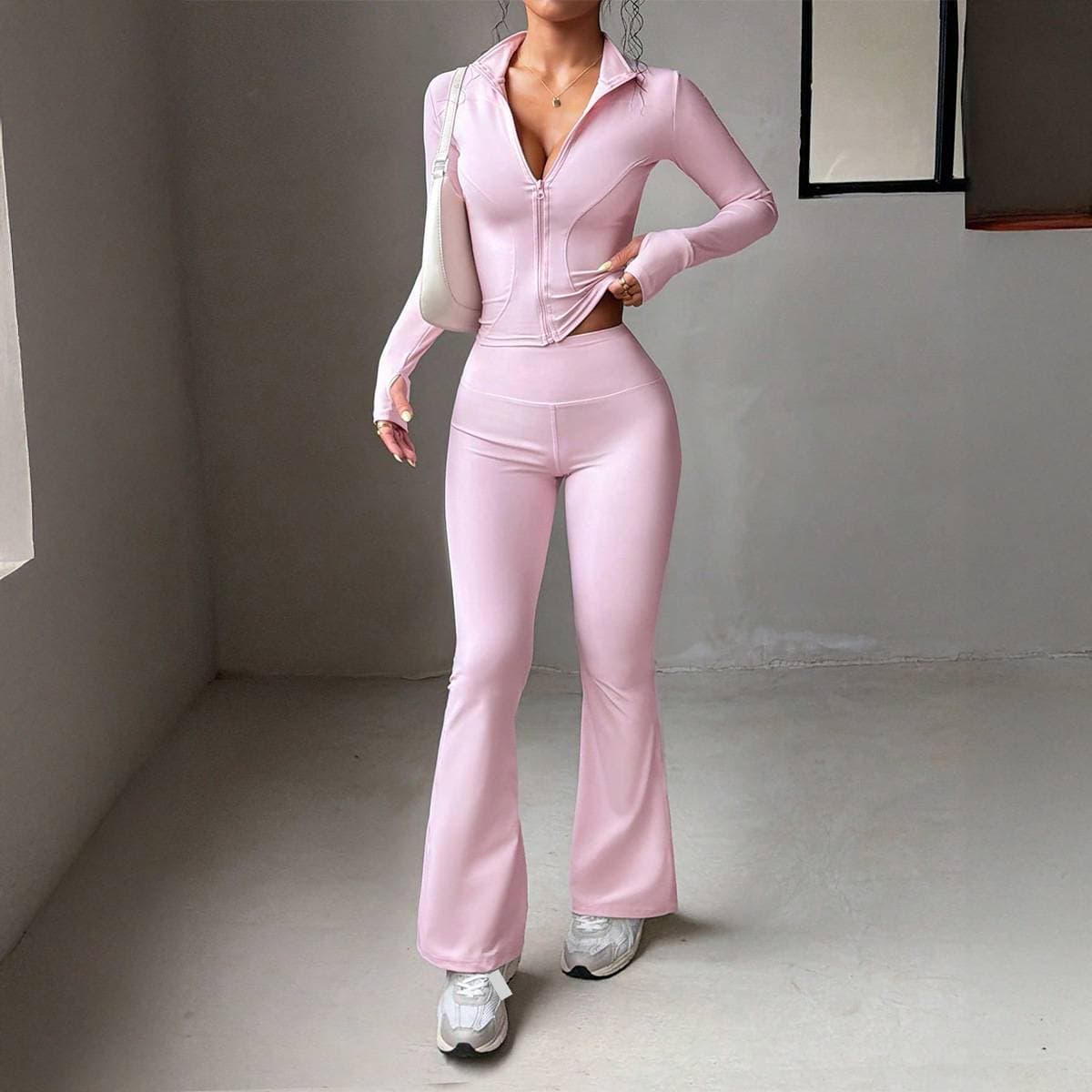​Y2K Sporty Yoga Set – Long Sleeve Cropped Jacket & High-Waisted Leggings (S-XL, Dusty Pink) – Seamless Stretch For Gym & Streetwear​