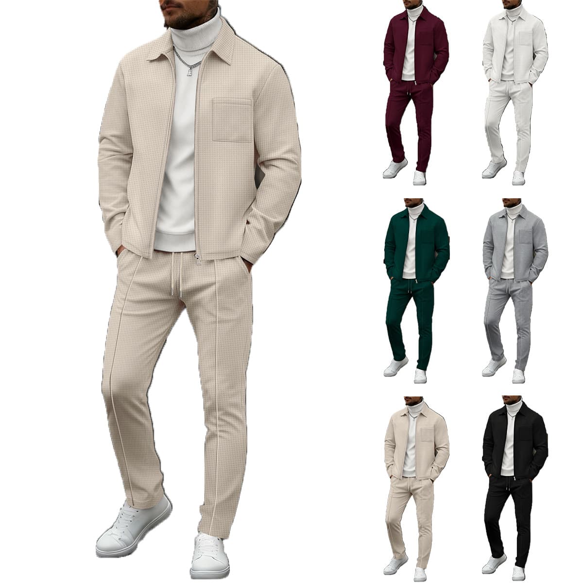 Men's Waffle Knit Zip-Up Jacket With Pockets, Stand Collar Casual Outwear Set For Autumn (Black, White, Gray, Burgundy, Khaki, Dark Green)