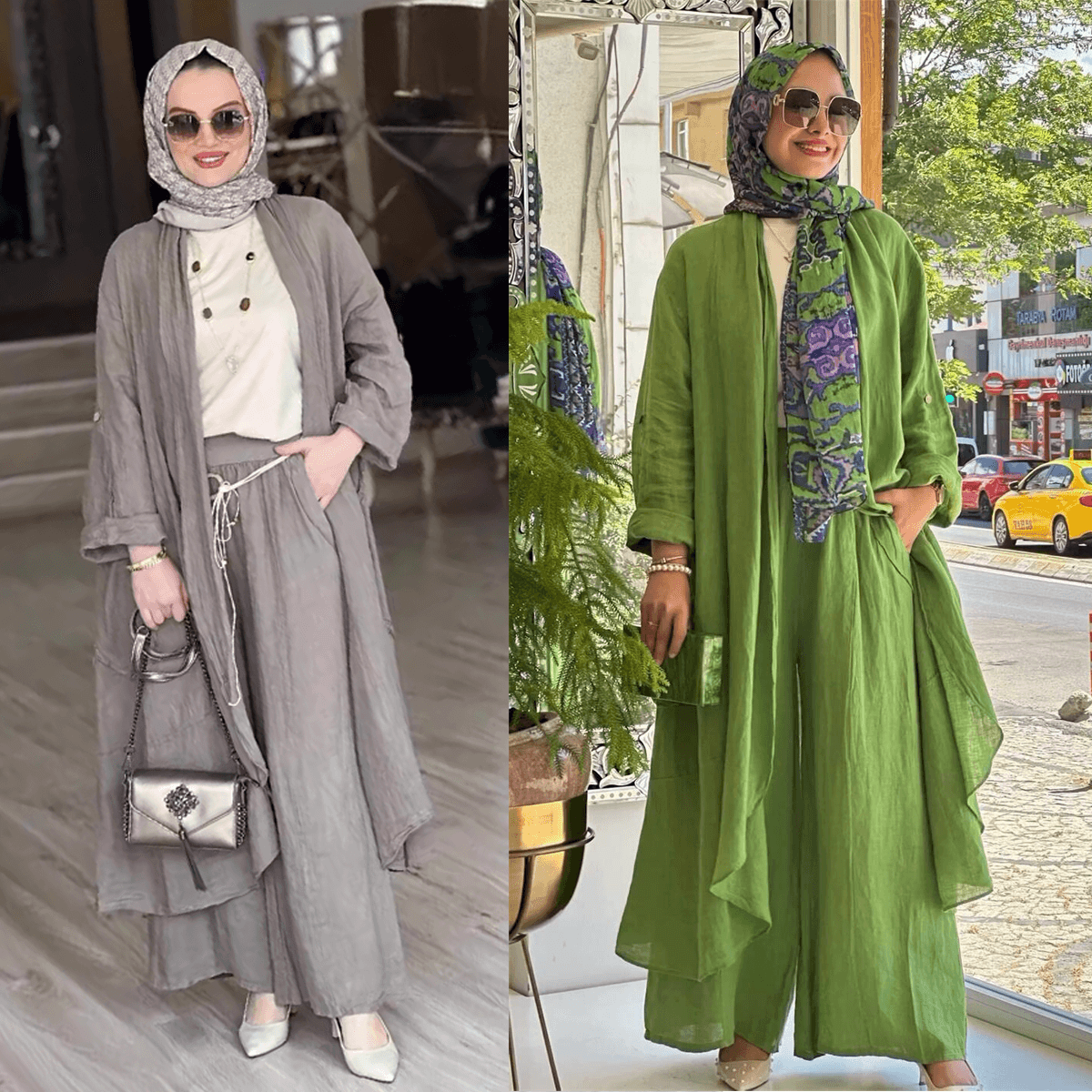 Women's Muslim Cotton And Linen Comfortable And Fashionable Loose Long Cardigan Casual Wide-leg Pants Two-piece Set