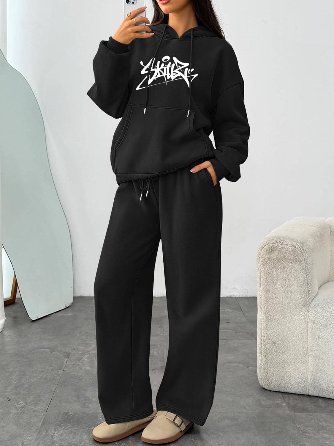​​Women's Casual Hoodie & Wide Leg Sweatpants Set - Fall Winter Streetwear Tracksuit​​