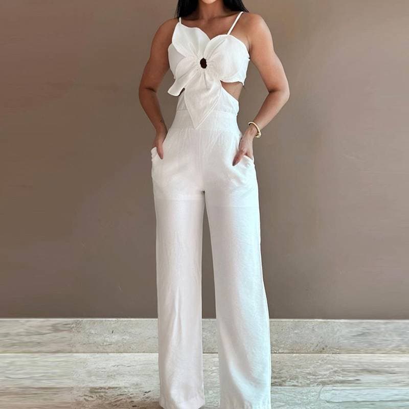 [Cotton Linen] Women's Clothing White Three-dimensional Flower Craft Design Suspender Jumpsuit