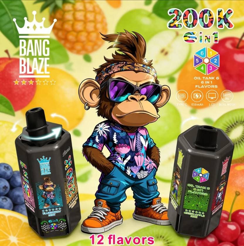 1 pièce Bang 6 saveurs 200K bouffées (200 000 bouffées) Cigarette électronique rechargeable avec 6 réservoirs d'huile et écran LCD Cigarette