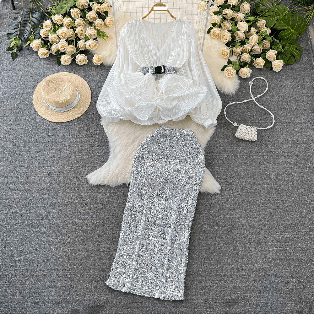 Women's fashion set female socialite temperament lantern long sleeve V-neck lotus leaf bright face shirt women's high waist sequin skirt