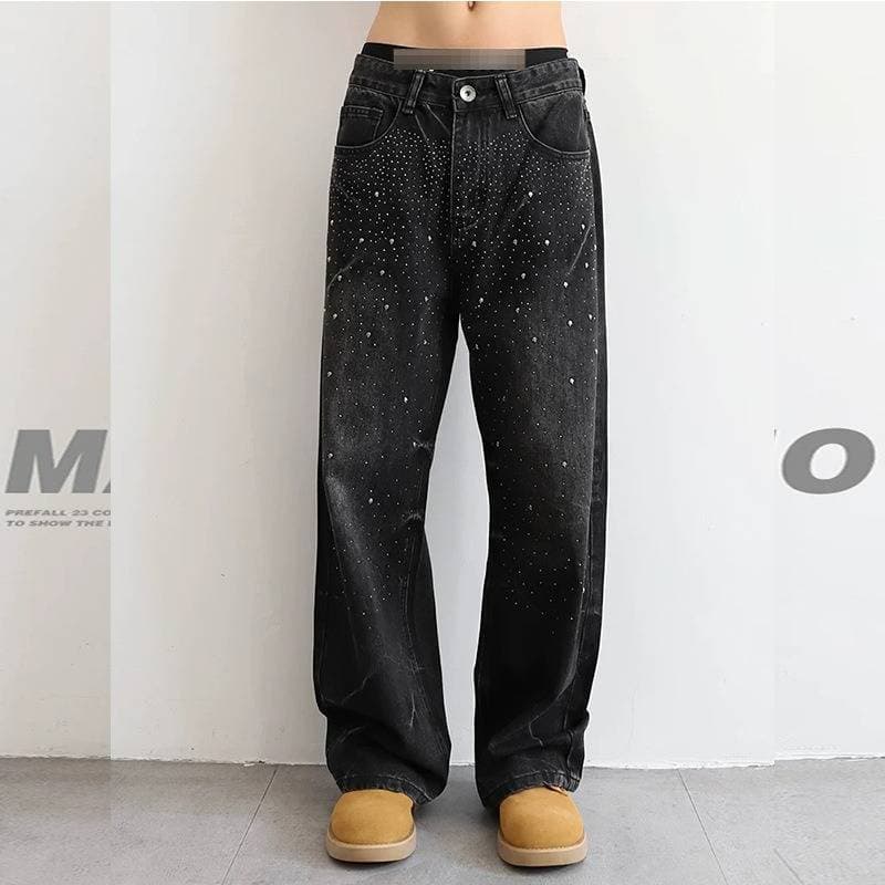 Men's Black Distressed Rhinestone Jeans - Loose Fit Streetwear Denim Pants With Star Embellishments