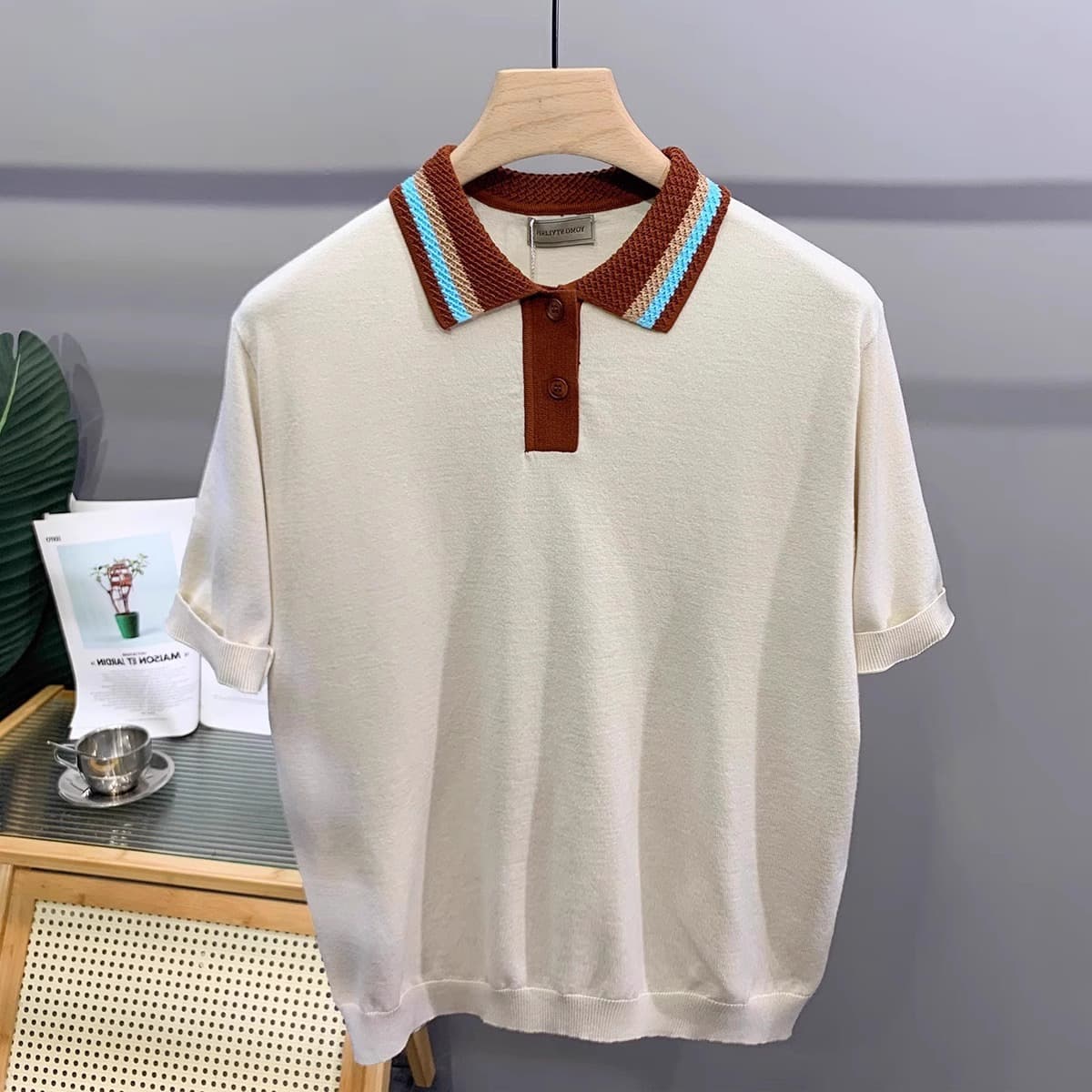 Men's Clothing style lapel knitted short sleeved T shirt men's summer new slim contrast color half shirt POLO shirt top men